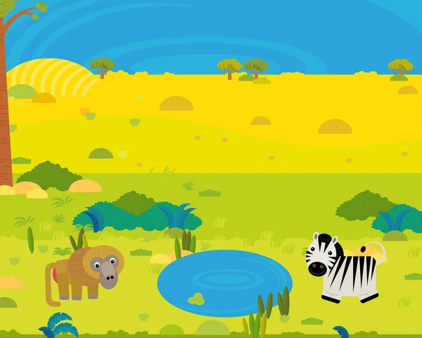 Cartoon Africa Safari Scene Met Schattige Wilde Dieren Door Vijver — Stockfoto