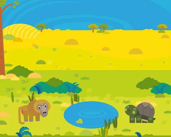 Cartoon Africa Safari Scene Met Schattige Wilde Dieren Door Vijver — Stockfoto