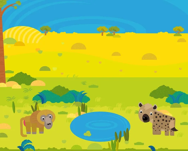 Cartoon Africa Safari Scene Met Schattige Wilde Dieren Door Vijver — Stockfoto