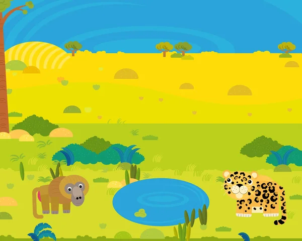 Cartoon Africa Safari Scene Met Schattige Wilde Dieren Door Vijver — Stockfoto