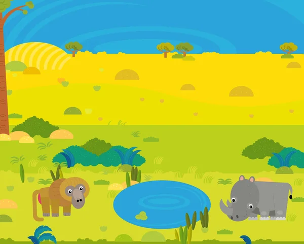 Cartoon Africa Safari Scene Met Schattige Wilde Dieren Door Vijver — Stockfoto