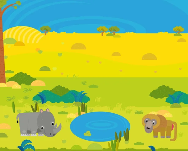 Cartoon Africa Safari Scene Met Schattige Wilde Dieren Door Vijver — Stockfoto