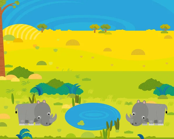 子供のための池のイラストでかわいい野生動物と漫画アフリカサファリシーン — ストック写真