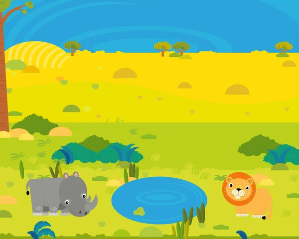 Cartoon Africa Safari Scene Met Schattige Wilde Dieren Door Vijver — Stockfoto