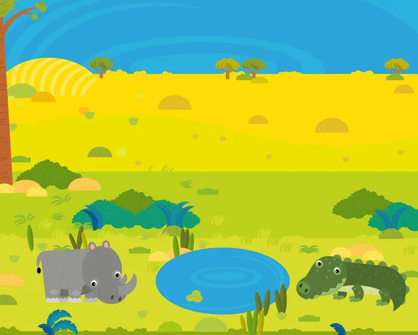 Cartoon Africa Safari Scene Met Schattige Wilde Dieren Door Vijver — Stockfoto