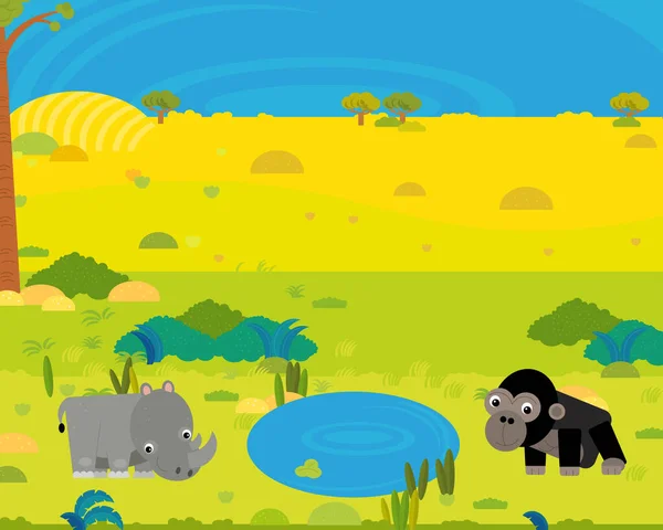 Cartoon Africa Safari Scene Met Schattige Wilde Dieren Door Vijver — Stockfoto