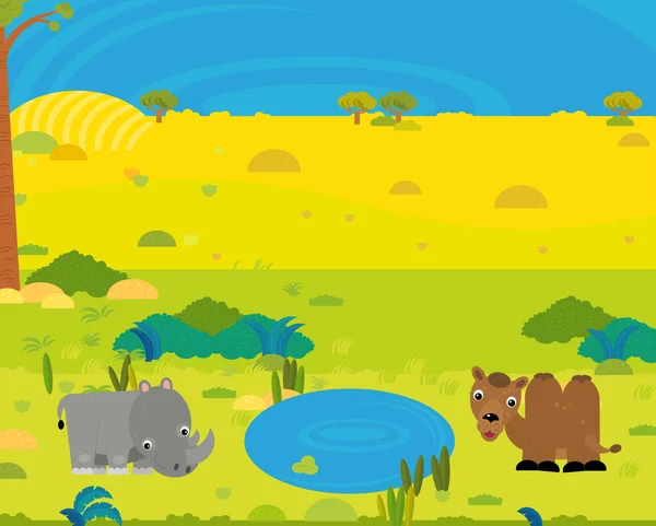 Cartoon Africa Safari Scene Met Schattige Wilde Dieren Door Vijver — Stockfoto