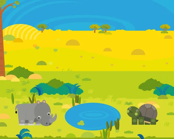 Dibujos Animados África Safari Escena Con Animales Salvajes Lindos Por —  Fotos de Stock