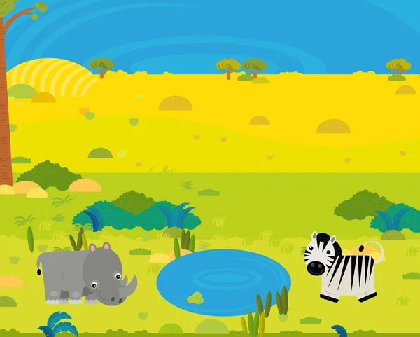 Tecknad Afrika Safari Scen Med Söta Vilda Djur Vid Dammen — Stockfoto