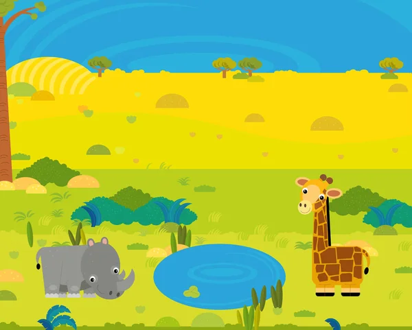 Cartoon Africa Safari Scene Met Schattige Wilde Dieren Door Vijver — Stockfoto