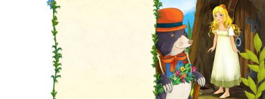 Köstebek ve Prenses Elf 'in olduğu çizgi film sahnesi. Ağaç evin yanında. Çocuklar için metin illüstrasyonu için çerçeve alanı var.