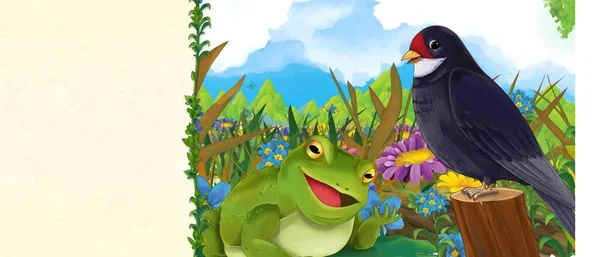 Tecknad Scen Med Groda Och Gök Naturen Illustration För Barn — Stockfoto