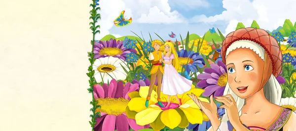 在儿童的自然图解中 与美丽的精灵女孩的卡通场景 — 图库照片