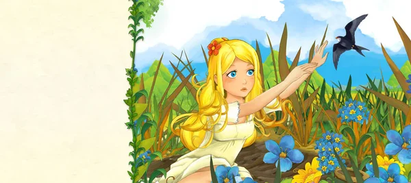 Kreslená Scéna Krásnou Elfí Dívkou Přírodě Ilustrace Pro Děti — Stock fotografie