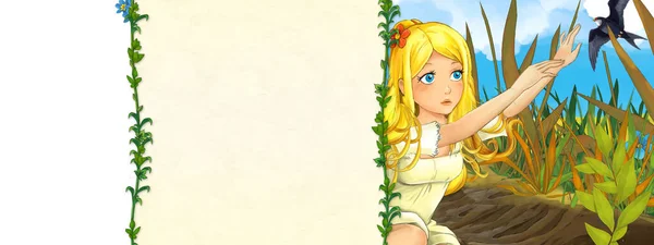 Cena Dos Desenhos Animados Com Bela Menina Elfo Natureza Ilustração — Fotografia de Stock