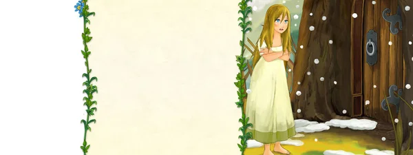 Scena Kreskówek Piękną Elfem Dziewczyna Ilustracji Przyrody Dla Dzieci — Zdjęcie stockowe