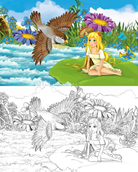 Desene Animate Scenă Tânără Frumoasă Fetiță Râu Lângă Pajiște Pasăre — Fotografie, imagine de stoc