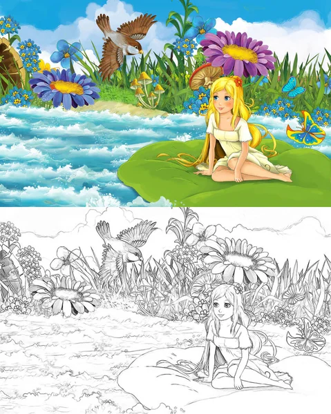 Scène Dessin Animé Avec Jeune Belle Petite Fille Dans Ruisseau — Photo