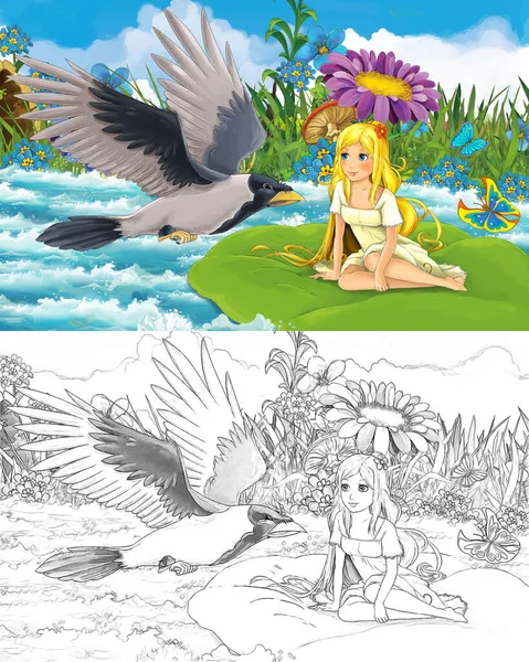 子供のためのスケッチイラストと野生の鳥といくつかの牧草地の近くのストリーム内の若い美しい小さな女の子と漫画シーン — ストック写真