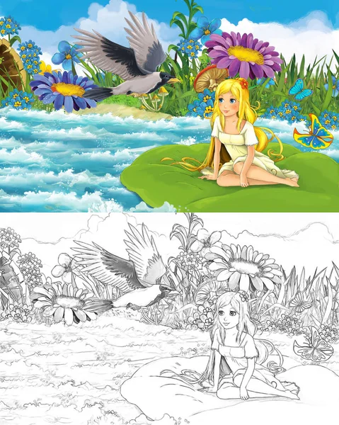 Scène Dessin Animé Avec Jeune Belle Petite Fille Dans Ruisseau — Photo