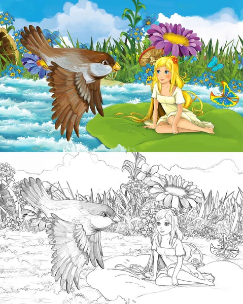 子供のためのスケッチイラストと野生の鳥といくつかの牧草地の近くのストリーム内の若い美しい小さな女の子と漫画シーン — ストック写真