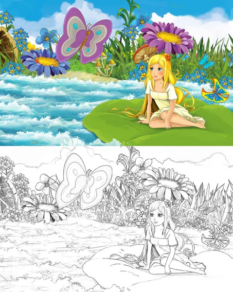 Scène Dessin Animé Avec Jeune Belle Petite Fille Dans Ruisseau — Photo