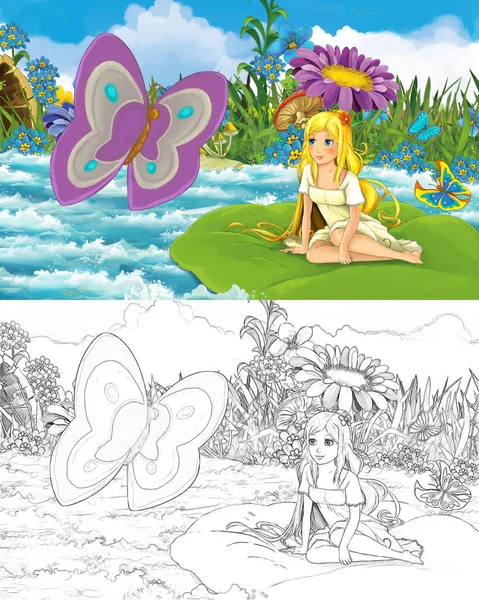 Scène Dessin Animé Avec Jeune Belle Petite Fille Dans Ruisseau — Photo