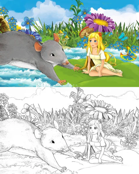 与年轻漂亮的小女孩在河边的卡通片场景 靠近某个草地 带着一只野鼠或老鼠 为孩子们画草图 — 图库照片