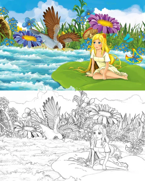 Scène Dessin Animé Avec Jeune Belle Petite Fille Dans Ruisseau — Photo