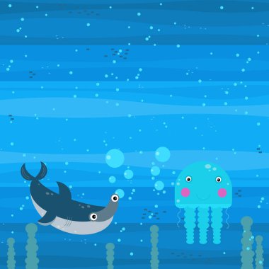 Yüzen mercan resifleri çocuklar için resimli mutlu sualtı karikatürü sahnesi