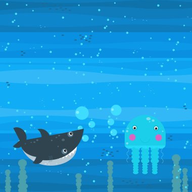 Yüzen mercan resifleri çocuklar için resimli mutlu sualtı karikatürü sahnesi