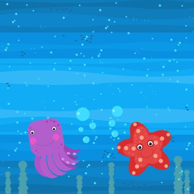 Yüzen mercan resifleri çocuklar için resimli mutlu sualtı karikatürü sahnesi