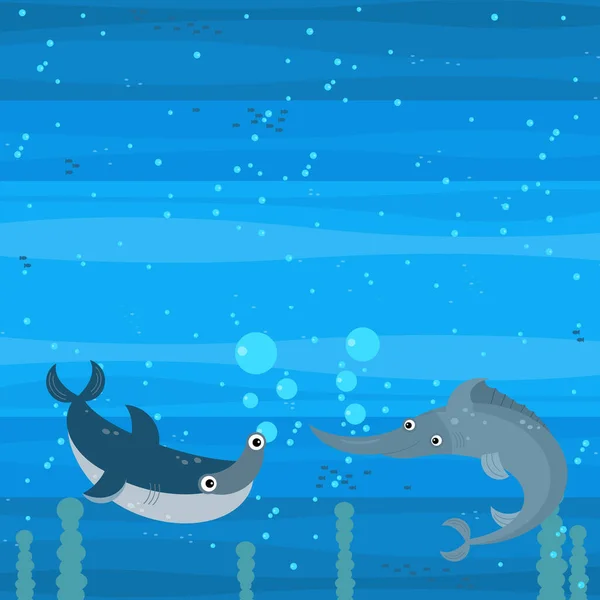 Happy Cartoon Podvodní Scéna Plavání Korálové Útesy Ryby Ilustrace Pro — Stock fotografie