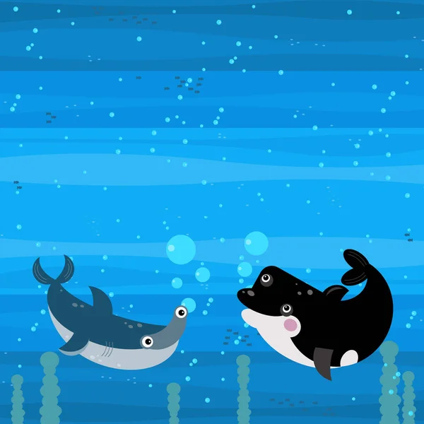 Boldog Rajzfilm Víz Alatti Jelenet Úszás Korallzátony Halak Illusztráció Gyerekeknek — Stock Fotó