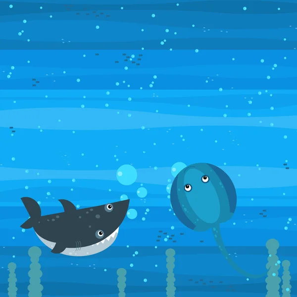 Boldog Rajzfilm Víz Alatti Jelenet Úszás Korallzátony Halak Illusztráció Gyerekeknek — Stock Fotó