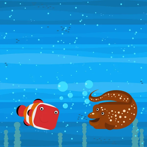Happy cartoon underwater scene with swimming coral reef fishes illustration for children