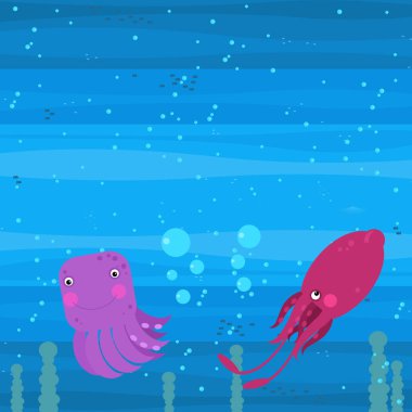 Yüzen mercan resifleri çocuklar için resimli mutlu sualtı karikatürü sahnesi