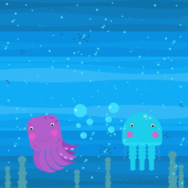 Yüzen mercan resifleri çocuklar için resimli mutlu sualtı karikatürü sahnesi