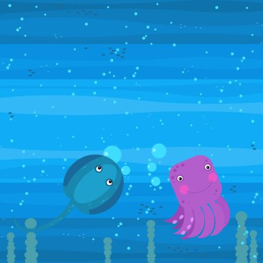 Yüzen mercan resifleri çocuklar için resimli mutlu sualtı karikatürü sahnesi