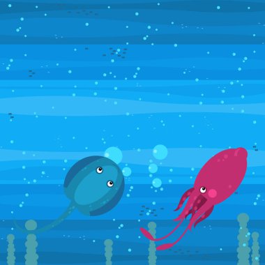 Yüzen mercan resifleri çocuklar için resimli mutlu sualtı karikatürü sahnesi