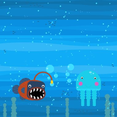 Yüzen mercan resifleri çocuklar için resimli mutlu deniz altı karikatürü sahnesi