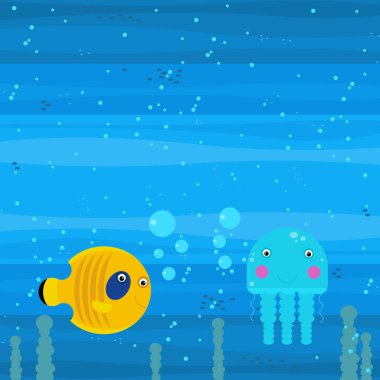 Yüzen mercan resifleri çocuklar için resimli mutlu deniz altı karikatürü sahnesi