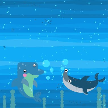 Yüzen mercan resifi balıklarıyla dolu neşeli su altı karikatür sahnesi çocuklar için resimdir.