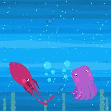 Yüzen mercan resifleri çocuklar için resimli komik deniz altı sahneleri.