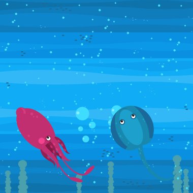 Yüzen mercan resifleri çocuklar için resimli komik deniz altı sahneleri.