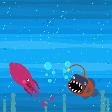 Yüzen mercan resifleri çocuklar için resimli komik deniz altı sahneleri.