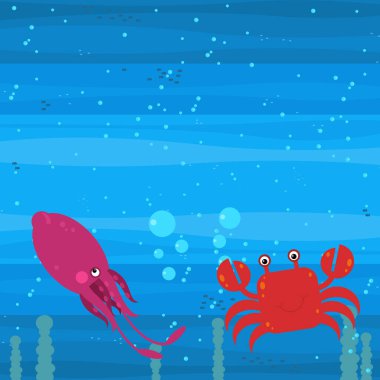 Yüzen mercan resifleri çocuklar için resimli komik deniz altı sahneleri.