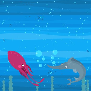 Yüzen mercan resifleri çocuklar için resimli komik deniz altı sahneleri.