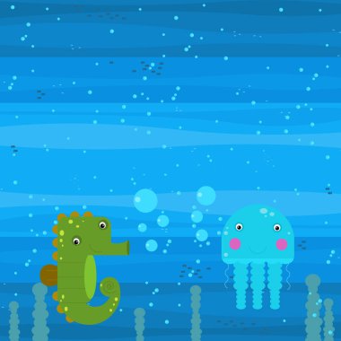 Yüzen mercan resifleri çocuklar için resimli komik deniz altı sahneleri.