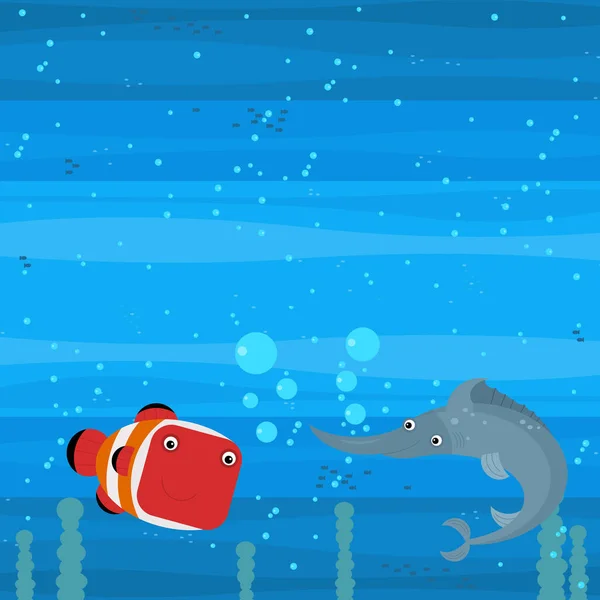 子供のためのスイミングサンゴ礁魚のイラストと幸せな漫画水中シーン — ストック写真